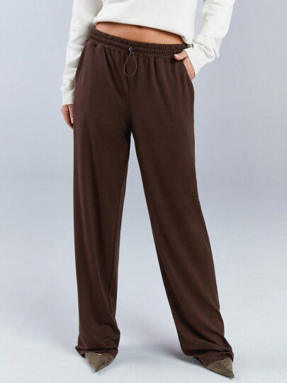 Athîral Pantalones casuales de unicolor para mujer con cintura elástica y bolsillo