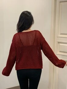 SHEIN MOD Damen einfarbiges Hemd mit Knopfleiste und Perforationen, langärmelig mit Taschen, minimalistischer Stil - Bordeaux - Übersicht 2