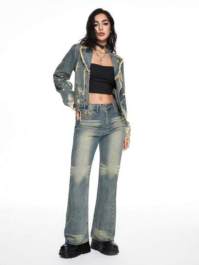 Grunge Punk Women's Retro Ripped Fringe Denim Jacket, Fashionable For Autumn