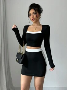Gloray French Elegant Square Neck Contrast Color Crop Top & Mini Skirt 2 Pieces Set For Women Fall Cloth For Women - Black - View 8