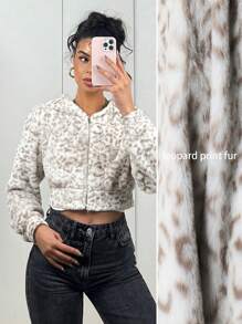 Muchica 女士休闲毛茸茸连帽短款豹纹夹克，秋冬 - 奶油色 - 查看 1