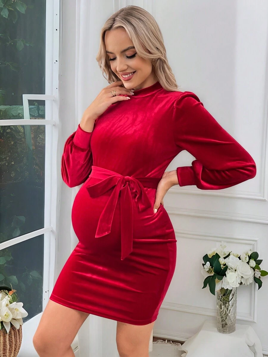 SHEIN 孕妇立领羊腿袖束带修身连衣裙，红色 - 紅色 - 查看 1