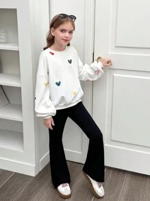 Tween Girl Casual Colorful Heart Handpainted Loose Oversized Round Neck Dropped Shoulder Hoodie And Skinny Flare Pants Set, Suitable For Home, Outdoor, And School