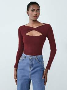 SHEIN Unity Women Casual Solid Color Cutout Cross Wrap Front Slim Fit Ribbed Knit Pullover Sweater Knit Pullover Fall Winter - Burgundy - View 5