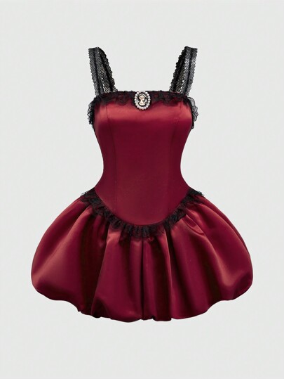 Kawaii Vintage Victorian Style Spaghetti Strap Puffed Mini Dress, Burgundy, For Date, Cocktail Party, New Year