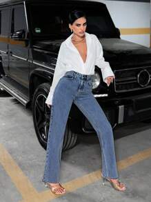 EURMUSE 100%Cotton Straight Leg Water Washing Jeans - Medium Wash - View 4