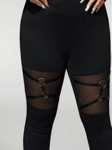 ROMWE Grunge Punk Sexy Plus Size Leggings With Hollow Out Belt Decorated Buckle Design, Gothic Punk Style, School - Black - View 5