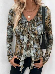 INAWLY Women Sexy Floral & Leopard Print Ruffle Trim Tie Front Long Sleeve Blouse Fall Cloth For Women - Multicolor - View 7