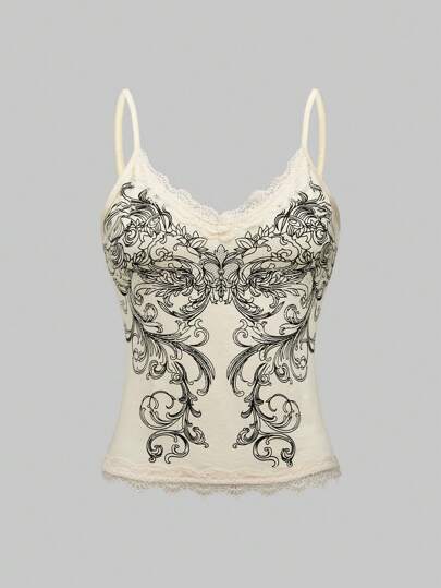 Fairycore Mujer Tirantes finos con decoración de piedras rhinestone, encaje y estampado floral retro