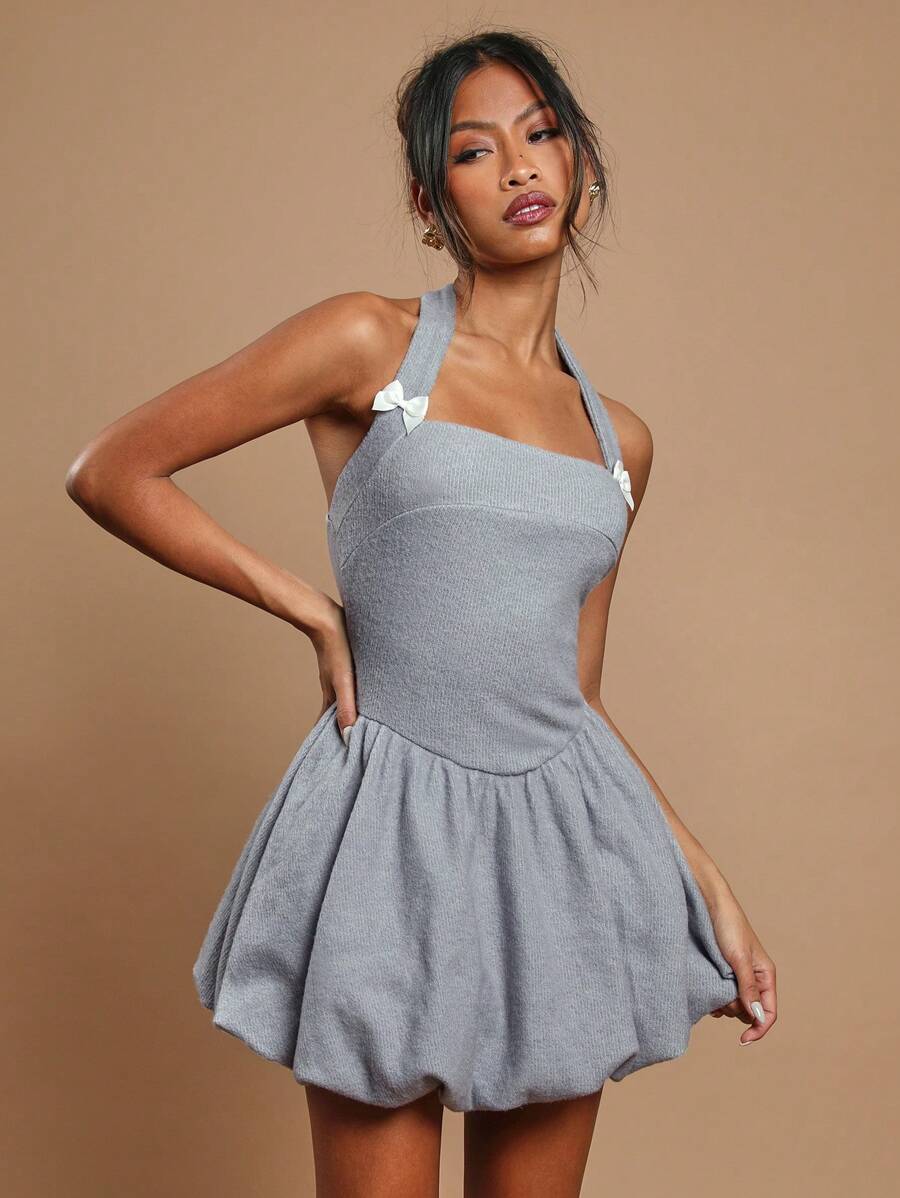 COSMINA Robe mini casual simple avec décor de nœud papillon pour femmes - Gris - Voir 1