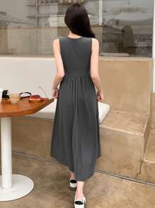DAZY Women's Solid Color Round Neck Sleeveless Ruffled Simple Casual Long Dress Sundress Dress Cute Tops - Grey - View 4