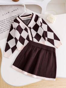 SHEIN Leap Crew Bộ áo khoác cardigan kẻ caro cổ chữ V và váy chữ A cho bé gái, phong cách thường ngày đi học, mùa thu/đông - Nhiều màu - Xem 5