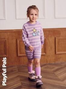 SHEIN 2 Stück Sweater-Kombination für Kleine Mädchen mit Sterne/Mond/Diamant geometrischem Muster Rundhalspullover & gestrickte Shorts, süß/vintage/Lässig/outdoor für Herbst/Winter/Frühling, geeignet für Schule und Ausflüge - Violett - Übersicht 7