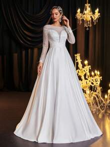 Glamrae Elegant Luxurious Champagne Beaded Sequin Floral Lace Splice Satin Draped Dress With Sheer Long Sleeves, Suitable For Wedding, Party, Prom, Vacation, Informal Bridal - Beige - View 7