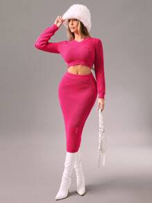 Zolique 2pcs Set Women Hot Pink Magenta Sweater & Skirt,Hem Hole Tassel Rib Knit Sweater Suit,Autumn Girly Club Night New Years Holiday Party Outfits - Hot Pink - View 1