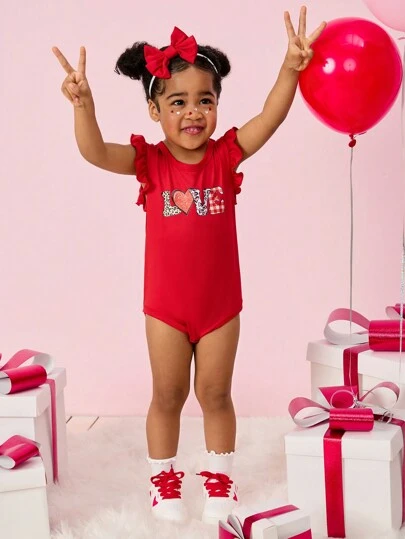 SHEIN Explorewe Baby Girl Red Ruffle Trim Floral Print Bodysuit, Adorable Design Suitable For Outings, Parties And New Year Holidays