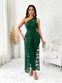 SHEIN Lady One Shoulder Royal Blue Contrast Lace Women's Jumpsuit Spring And Summer Casual Elegant Work - Dark Green - View 5