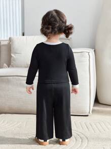 Baby Girl Matching Sets, Mom & Me, Ribbed Knit Color Block Long Sleeve Crew Neck Crop Top With Wide Leg Knit Pants - Black - View 3