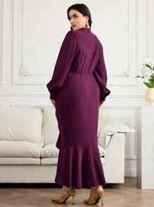 Modelyn Plus Size Elegant Party Solid Color Lantern Sleeve Ruched Fishtail Dress - Purple - View 2
