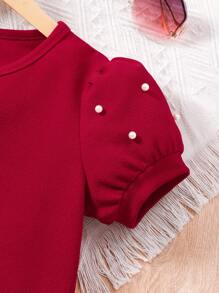 SHEIN Glamorique Kids 青少年女孩珍珠装饰纯色短袖连衣裙，配有蝴蝶结和斜挎包 - 紅色 - 查看 7