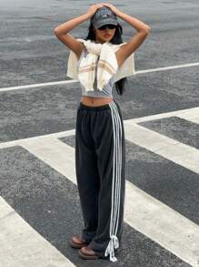 SHEIN EZwear 女式新款星空图案拼色腰带裤 - 黑色 - 查看 3