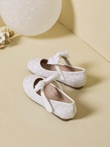 女童优雅亮片蝴蝶结平底鞋，秋冬 - 白色 - 查看 2
