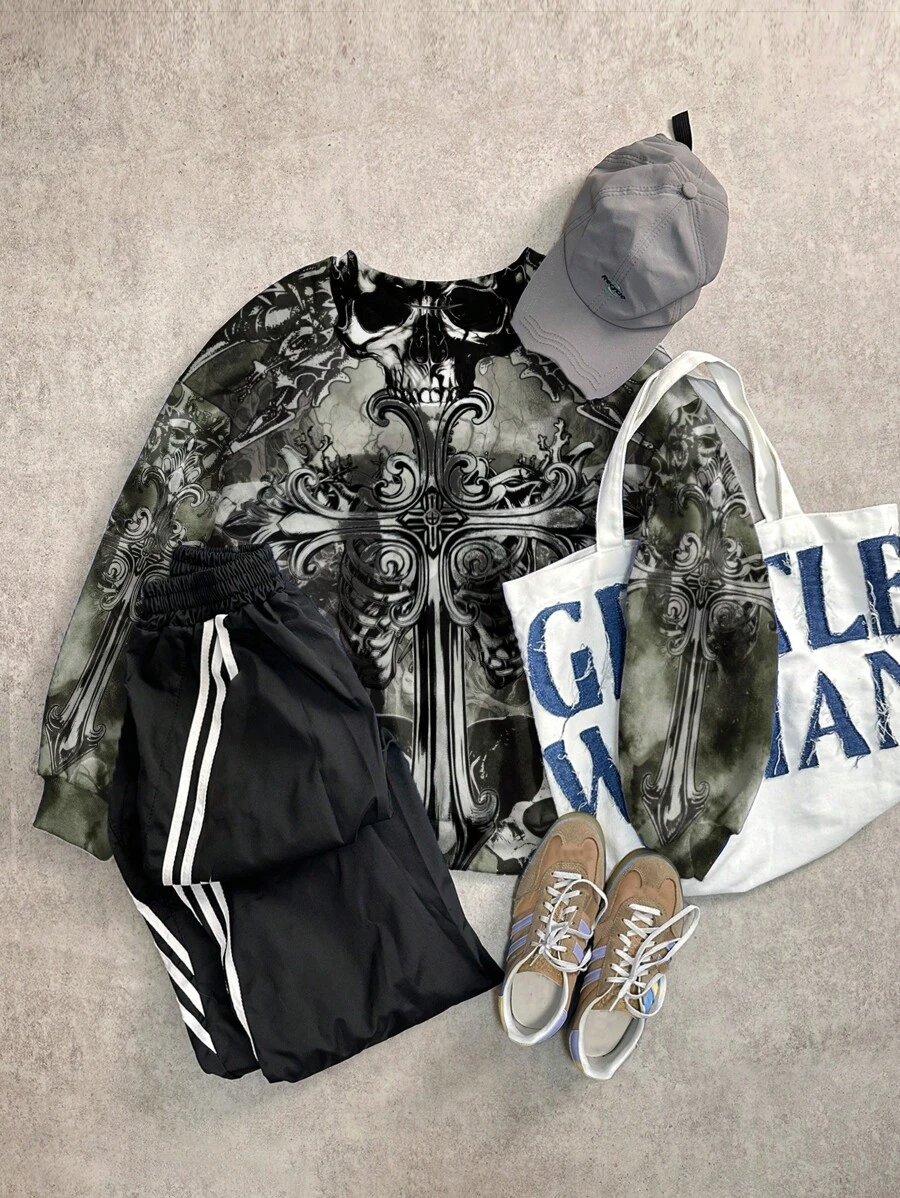 Attitoon 女式复古朋克摇滚哥特骷髅印花羊毛圆领休闲运动衫，适合秋冬季