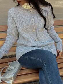 Chiquease Plain Round Neck Cable Knit Cardigan For Women