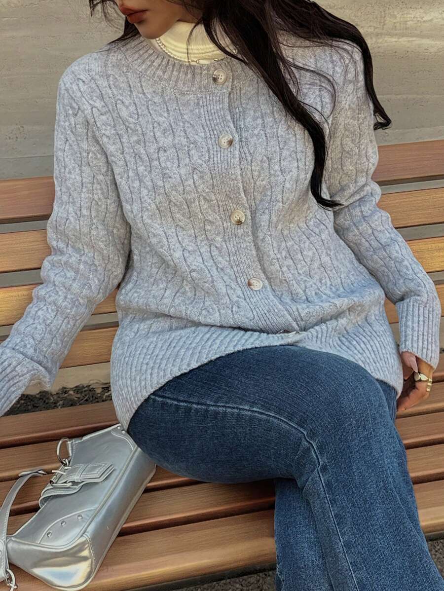 Chiquease Plain Round Neck Cable Knit Cardigan For Women