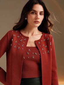 Anewsta 珠饰水钻针织开衫和抹胸 - 酒紅色 - 查看 1