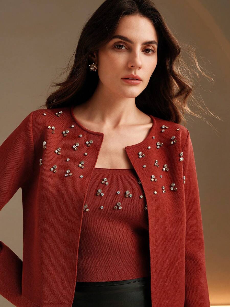 Anewsta 珠饰水钻针织开衫和抹胸 - 酒紅色 - 查看 1