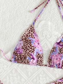 Women's Summer New Sexy Triangle Cup Tied Leopard Print Bikini Set - Multicolor - View 3