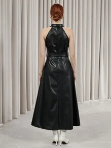 SHEIN Privé High-End Elegant Business Attire Long Dress, Lapel Collar, Black Faux Leather Fabric, Tie-Belt & Button Closure, Sleeveless Design - Black - View 2