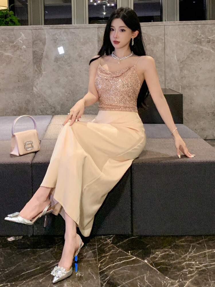 Women's Elegant Sequin Patchwork Strap Long Dress Prom Dress Sundress