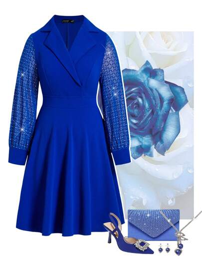 SHEIN Clasi Curvy Plus Size Women's Blue Solid Lapel Rhinestone Mesh Shiny Long Sleeve Waist A-Pulse Elegant Dress, High Stretch Knit Fabric, Guest Party Party Prom Dress, Going Out,Christmas Dress ,Knit Dress ,Holiday Party Dress,New Year Eve Dress ,New Years Outfit