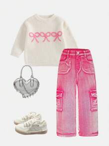SHEIN Girls Casual Versatile All-Match Street Style Fashion Washed Comfortable Pink Denim Jeans Loose Straight Pants, Must-Have New Arrival 2024 - Hot Pink - View 1