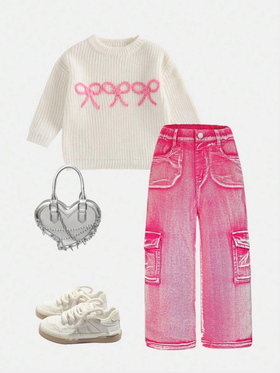 SHEIN Girls Casual Versatile All-Match Street Style Fashion Washed Comfortable Pink Denim Jeans Loose Straight Pants, Must-Have New Arrival 2024 - Hot Pink - View 1