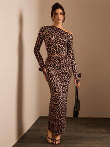 Glamine Conjunto de 2 piezas con top de manga larga de un hombro con cuello asimétrico y estampado de leopardo, y falda ajustado con bajo de cola de pez, atuendo de mujer para otoño/invierno - Multicolor - Ver 3