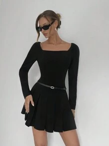 SHEIN Essnce Women Elegant Black Solid Color  Long-Sleeve Square-Neck Mini Dress Ruched Hem Long Sleeve Short Casual Dress Women Dresses Winte Vacation Outfits  Elegante New Year Party  Dress New Year Dress   Dress Long Sleeve