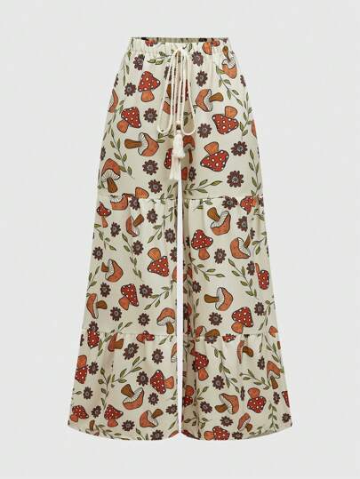 Pantalon palazzo avec imprimé floral et de champignons et feuilles pour femmes artistes, décontracté, pour les vacances. Idéal pour les sorties, les festivals, Ibiza et le style occidental