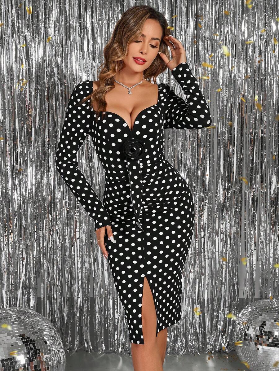SHEIN Clasi Women Sweetheart Neck Full Print Casual Long Sleeve Dress,Polka Dot Dress