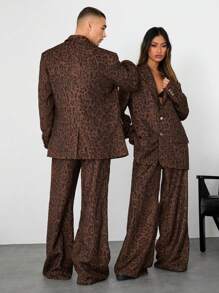 Manfinity Unisex 2pcs Unisex Leopard Print Loose Dropped Shoulder Blazer Jacket And Wide Leg Suit Pants Sets - Multicolor - View 5