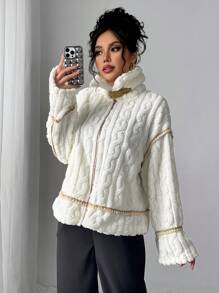 SHEIN Privé Women's Casual Elegant Warm Beige Fluffy Motorcycle Teddy Jacket, Regular Fit, Autumn/Winter