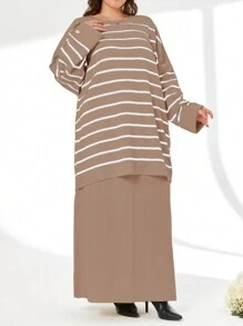 SHEIN Cottnline Striped Pattern Drop Shoulder Sweater & Knit Skirt - Multicolor - View 6