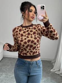 Chiquease Maglione corto a collo tondo con stampa leopardata retrò, casual per autunno/inverno, maglia a pullover per la stagione autunnale - Multicolore - Visualizzare 1