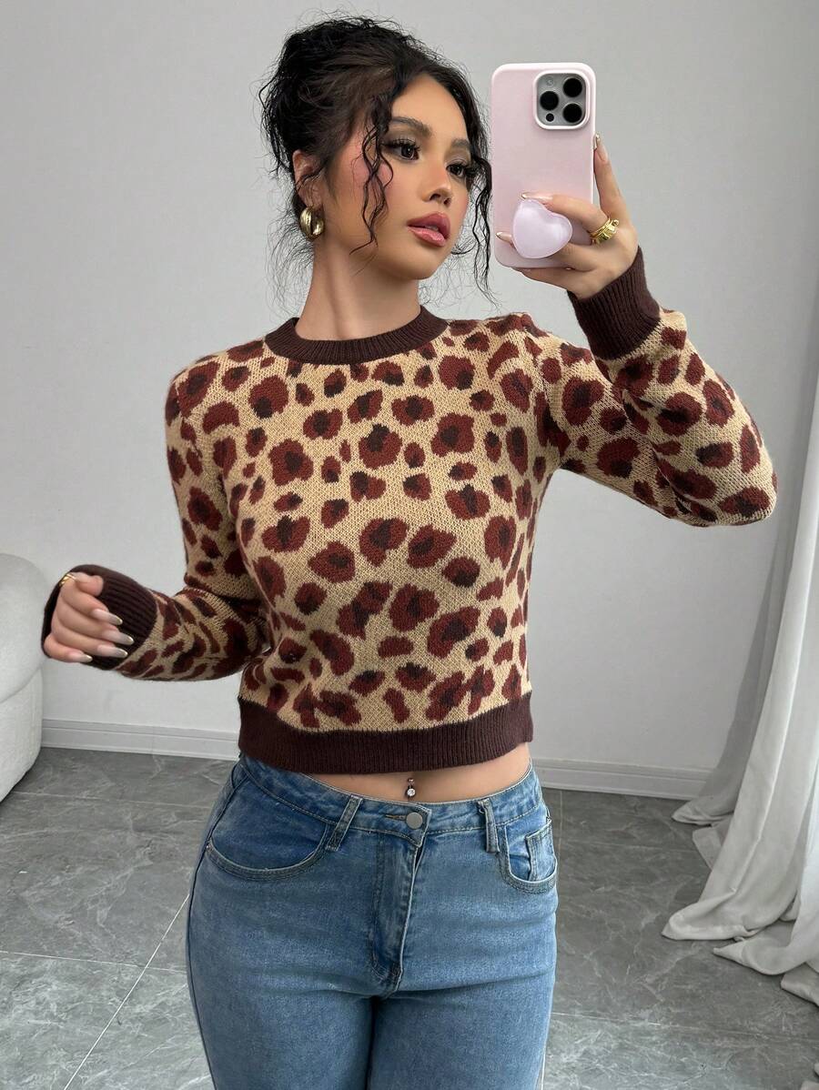 Chiquease Maglione corto a collo tondo con stampa leopardata retrò, casual per autunno/inverno, maglia a pullover per la stagione autunnale - Multicolore - Visualizzare 1
