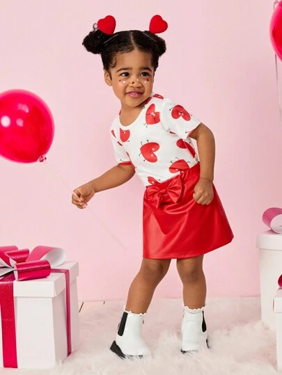 SHEIN Explorewe Baby Girls Cute Heart Graphic Print Top Paired With Red PU Leather Skirt 2pcs Outfit, Fashionable Design