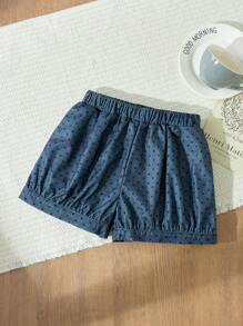 SHEIN 年轻女孩优雅法式灰色波尔卡圆点宽松松紧腰短裤，秋冬 - 彩色 - 查看 1