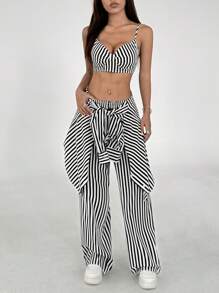 Flirla 3pcs Set Women Casual, Daily, Commute, Shopping Striped Wide Leg Pants, Everyday, Casual, Daily, Commute, Shopping