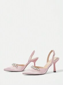 CUCCOO HITCHD Women's Spring/Summer New V-Cut Low-Cut Cross Strap Glamorous Elegant Pointed Toe Ankle Strap Buckle Metal Decor Soft Comfortable Gemstone Beaded Chain Embellished Stilettos Spring Shoes Spring Break Easter Prom Heels